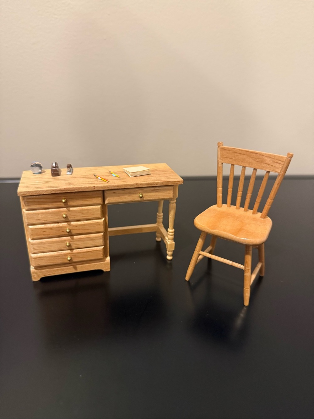 Dollhouse Wood Finish Home Office Desk and Office Chair Set - Natural Brown